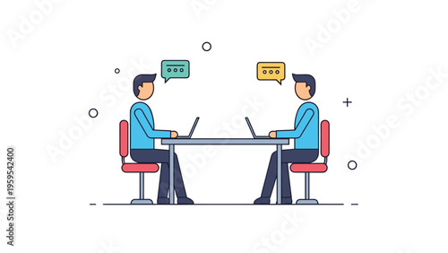 Two professional businessmen sitting at a table with laptops engage in a productive conversation with speech icons.