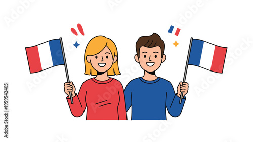 Happy young man and woman smiling while holding French flags to celebrate a national holiday or sporting event.