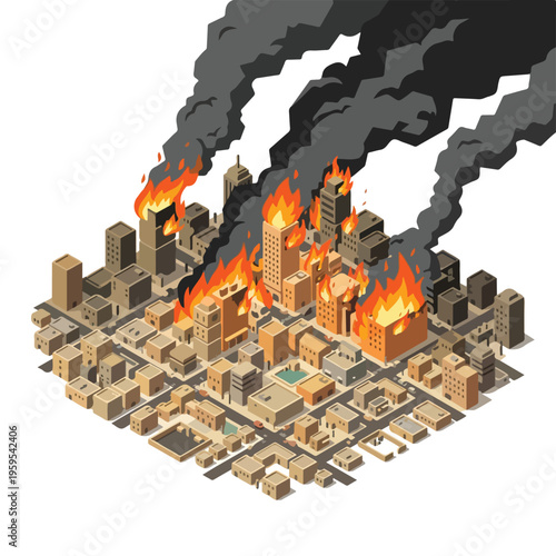 vector isometric condition of a city on fire 4