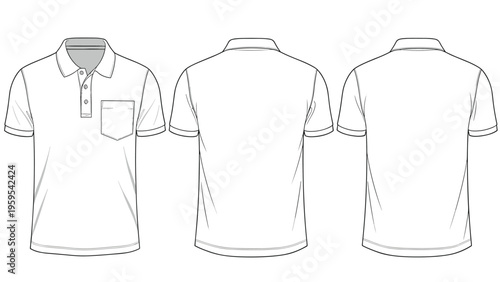 Technical fashion flat sketch of a classic polo shirt shown from front and back views for apparel manufacturing.