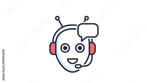 Chatbot assistant icon featuring a cute robot head with a headset and a speech bubble for customer support services.