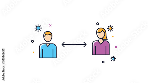 Social distancing icon shows a man and a woman keeping their distance to prevent the spread of a virus or disease.