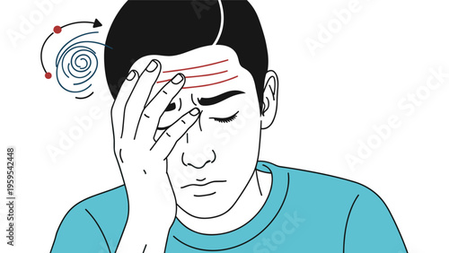 Man holding his head with a painful expression and a dizzy swirl symbol representing a severe migraine or headache.