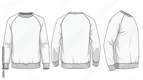 Professional fashion flat sketch of a basic long-sleeved sweatshirt shown from three different perspective views.