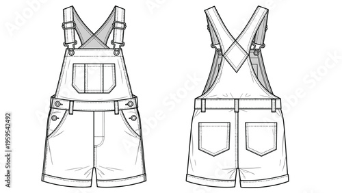 Technical fashion flat sketch of denim overalls for children or adults shown from front and back view perspectives.