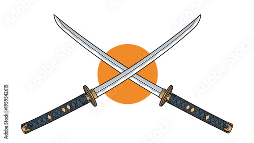 Two crossed samurai katana swords placed in front of a bright orange sun representing traditional Japanese culture.