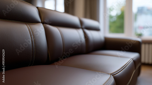 Close-up of brown leather armrest with detailed stitching in modern interior setting