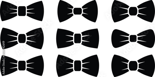 Collection of black bow tie silhouettes featuring various elegant shapes for formal wear gala dinner and gentleman fashion accessories vector.