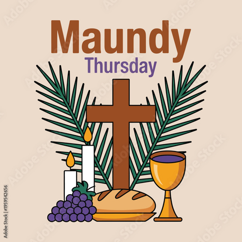 Religious featuring Maundy Thursday symbols with purple eggs and wine
