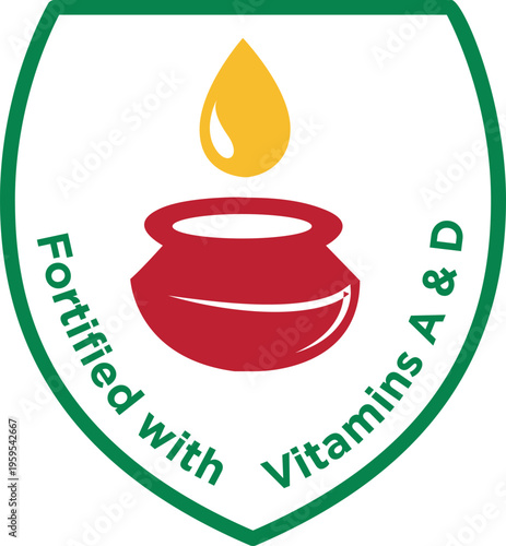 Fortified with vitamins a and d label design for food packaging showing yellow drop falling into red bowl inside green shield frame emblem for healthy eating