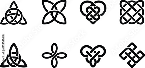 Black Celtic knot icon set collection with diverse eternal loop silhouettes including heart and triangle shapes for creative graphic design.