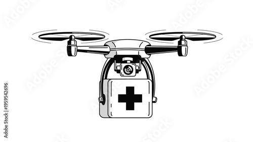 Black and white illustration of an autonomous medical delivery drone carrying a first aid kit for emergency services.