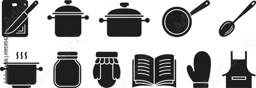 Large collection of black kitchen icons featuring cooking pots pans knife cutting board cookbook apron and various culinary tools vector.