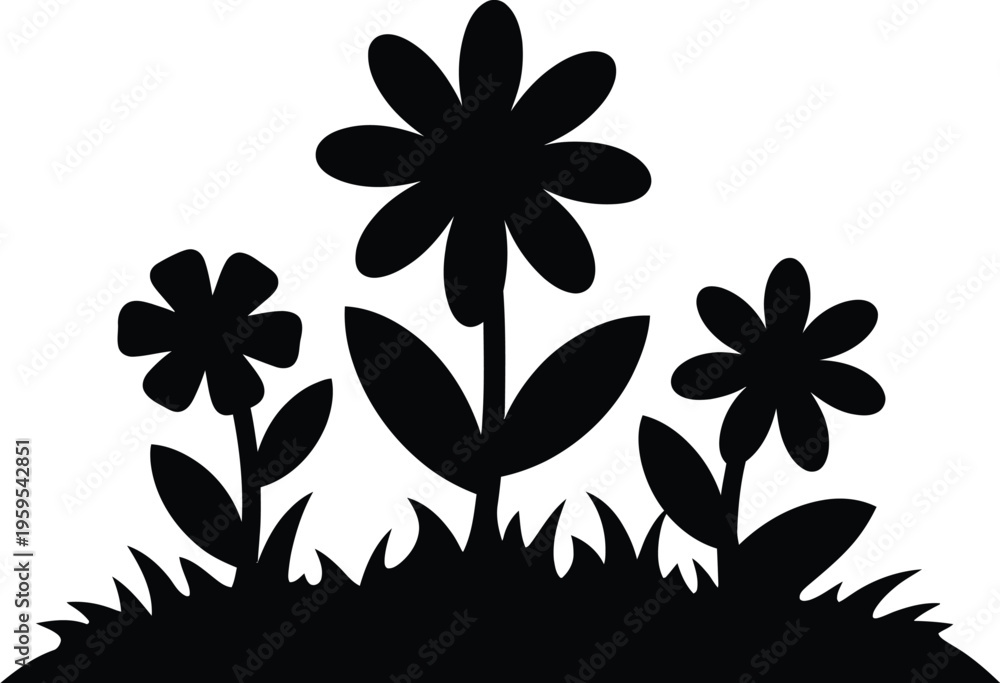 Obraz premium Black flower silhouette vector illustration with three blooming blossoms and grass leaves isolated on white background for spring garden design.