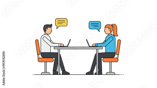 Male and female coworkers sit across a table with laptops engaged in a discussion with speech bubbles in a modern office setting.