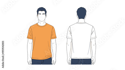 Orange short-sleeved t-shirt is presented on a male model silhouette showing both front and back views for apparel mockup purposes.