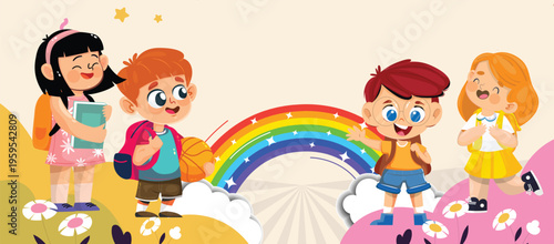 Happy children holding books and basketball standing in flower field with bright rainbow in background for childhood education and outdoor play illustration