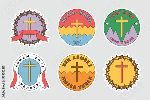 Six Easter themed religious badges with crosses and spring motifs