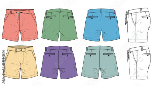 Grid of colorful men's casual shorts in various shades and views provides a comprehensive set of fashion design templates and flats.