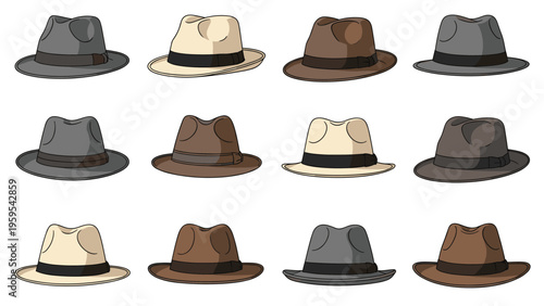 Array of classic fedora hats in neutral colors like grey, brown, and cream is presented in a flat illustration style for fashion.