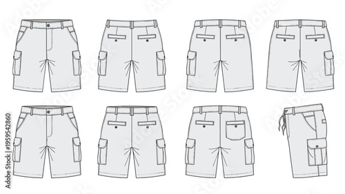 Detailed technical drawings of men's cargo shorts are displayed in multiple views including front, back, and side for apparel design.