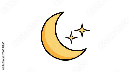 Simple icon of a yellow crescent moon accompanied by two twinkling stars represents nighttime, sleep, or celestial themes.