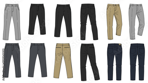 Assorted casual pants and trousers are shown in different colors and orientations as technical flat sketches for apparel design.