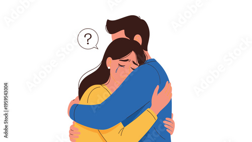 Compassionate man gives a warm hug to a crying woman to provide emotional support and comfort during a difficult time of sorrow.