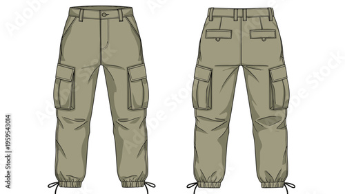 Technical sketch of men's cargo pants in an olive green color shows the front and back views with large side pockets and drawstrings.