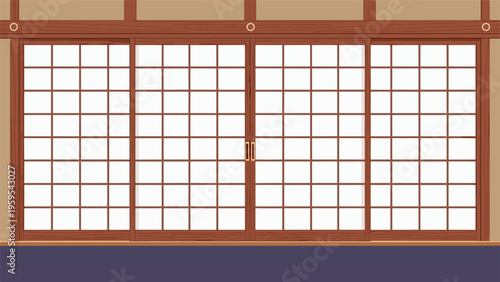 Wide-angle view of a traditional Japanese room features several shoji sliding doors with wooden frames and white paper panels.