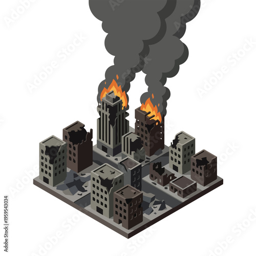 vector isometric condition of a city on fire 1
