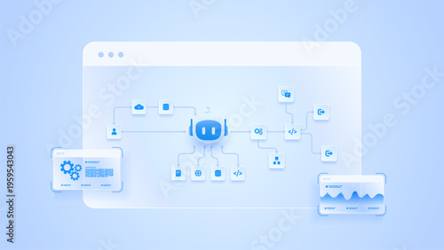 AI workflow automation artificial intelligence. ai agent network diagram dashboard machine learning architecture with automated process flow, data analytic and automation flow.