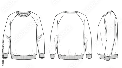 Fashion technical flat of a long-sleeved sweatshirt shows the front, back, and side profiles for garment construction and design.