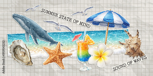Vector trendy paper cutout summer elements with stipple effect. Modern collage template.
