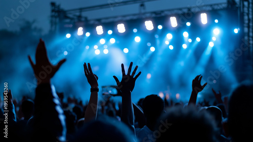 Crowd cheering with raised hands at live concert with bright stage lights
