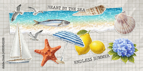 Vector trendy paper cutout summer elements with stipple effect. Modern collage template.