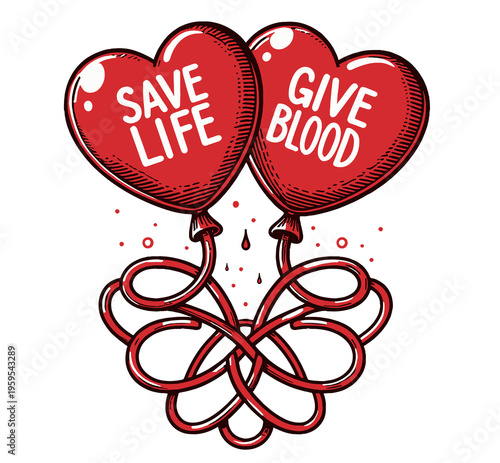 Blood donation concept png illustration with heart shaped balloons, intertwined tubing and Save Life Give Blood text in vintage hand drawn style
