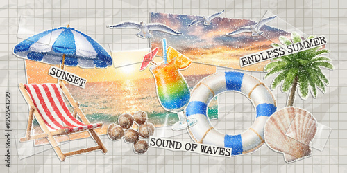 Vector trendy paper cutout summer elements with stipple effect. Modern collage template.