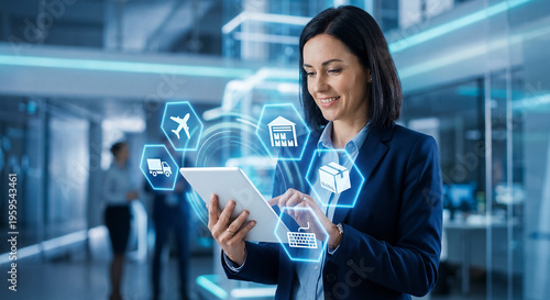 Businesswoman using tablet with futuristic logistics holograms in office