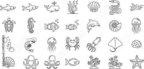 Marine life outline icons set with fish shark dolphin octopus crab jellyfish and coral vector illustration ocean collection isolated design