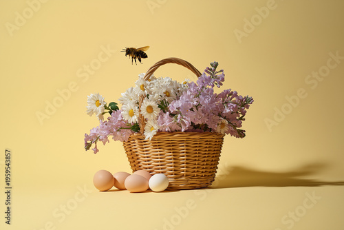 bouquet of flowers in basket and bee