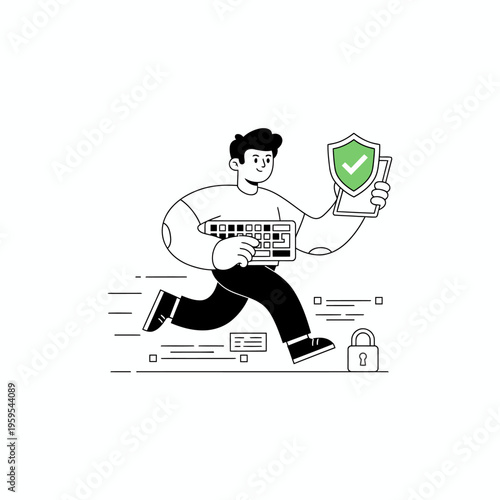 Man running with keyboard and shield representing cybersecurity.