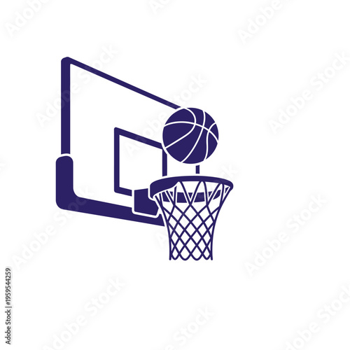 Basketball falling through hoop with backboard and net icon