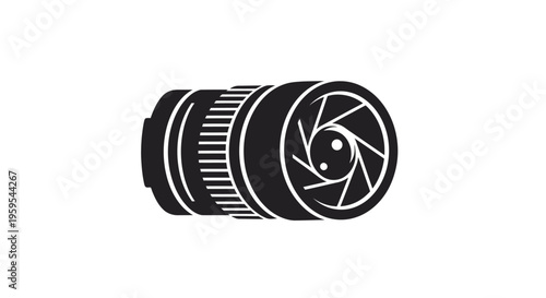 Black and white camera lens with open aperture icon
