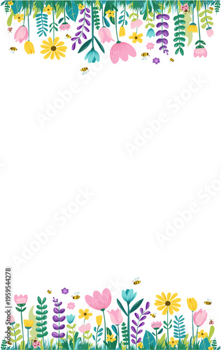 Modern Spring greeting card, banner or vertical poster with hand drawn flowers for Womens Day, Mothers Day, birthday, Easter. Cute wildflowers. Floral design template