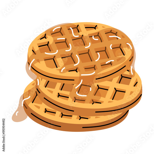 Flat illustration of round sweet waffles stack with honey or maple syrup. waffles in a stack. Delicious breakfast food for cafe menu, bakery website or recipe book. Isolated graphic object on white