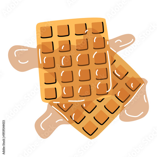 Flat illustration of square sweet waffles with honey or maple syrup. Delicious breakfast food for cafe menu, bakery website or recipe book. Isolated graphic object on white background