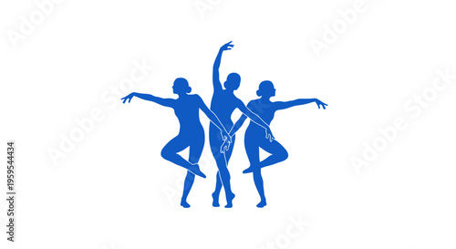 Blue silhouettes of three elegant ballet dancers performing