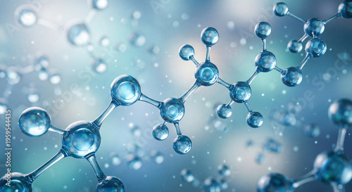 Blue molecular structure with interconnected spheres and bonds