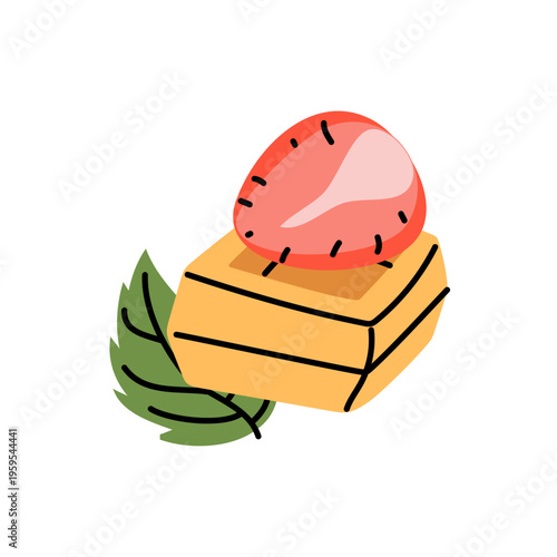 Flat illustration of sweet waffle piece with fresh strawberry and mint leaf. Delicious berry dessert for cafe menu, bakery website or recipe book icon. Isolated graphic object on white background
